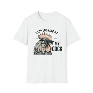 Cool Rooster Tee Stop Looking At My Cock Rooster With Shades Funny Chicken Shirt Humorous Farm Tee Quirky Rooster T-shirt White / S T-Shirt