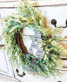 ON SALE / Farmhouse Wreath with Burlap Bow Wreaths Family Wreath Green wreath Faux Wreath Farmhouse Front door Monogram Window